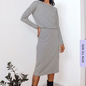 Black and White Striped Long Sleeve Midi Dress